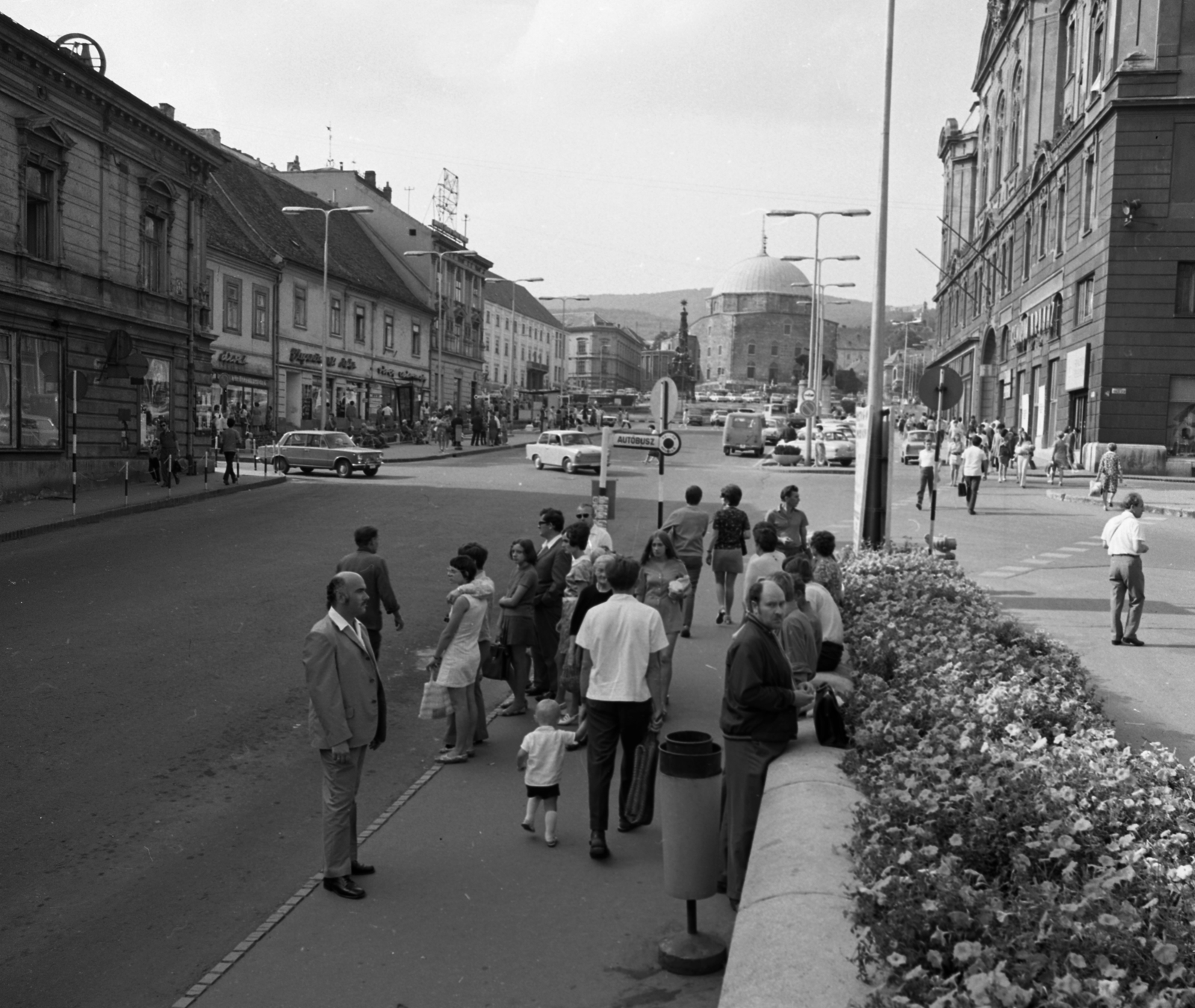 Hungary, Pécs, Széchenyi tér a Dzsámi felé nézve, jobbra a Városháza., 1972, Magyar Rendőr, kid, bus stop, trash can, flower bed, Fortepan #65934