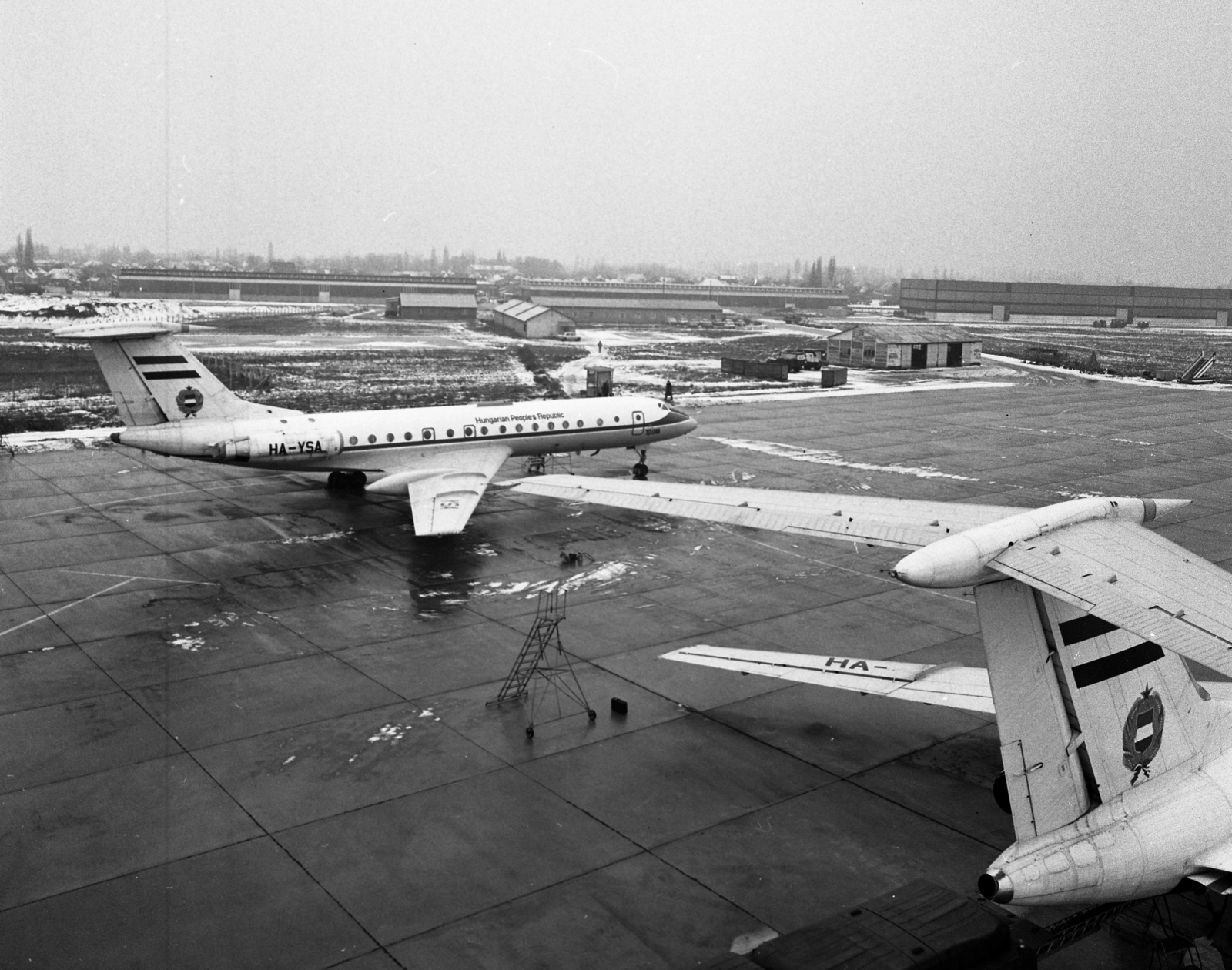 Magyarország, Ferihegyi (ma Liszt Ferenc) repülőtér, Budapest XVIII., TU-134 típusú sugárhajtású utasszállító repülőgépek, magyar kormánygépek., 1979, Magyar Rendőr, szovjet gyártmány, repülőgép, címer, repülőtér, Tupoljev-márka, Tupoljev Tu-134, Budapest, reptéri lépcső, Fortepan #66351