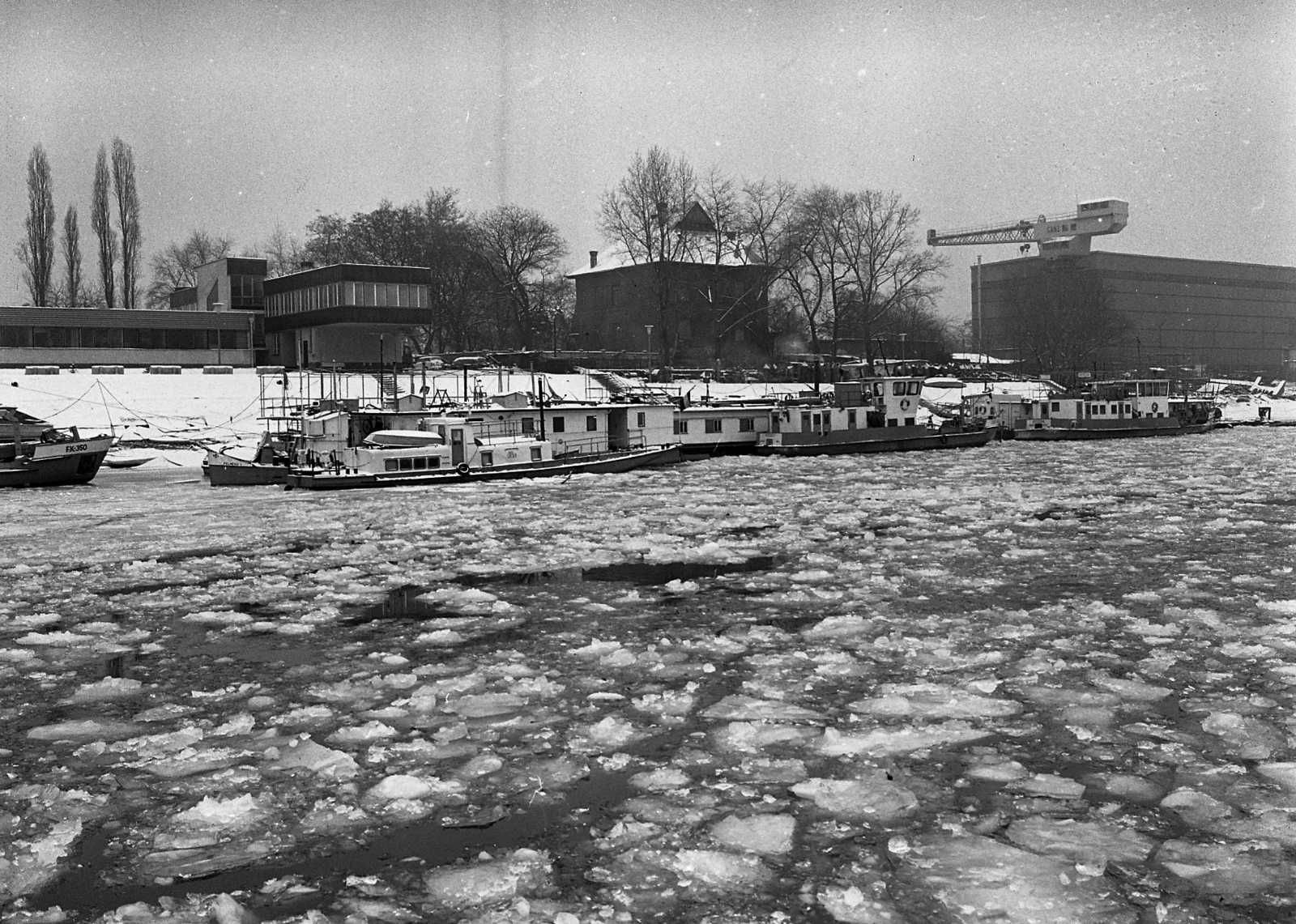 Hungary, Budapest XIII., Újpesti-öböl, a Magyar Hajó- és Darugyár Angyalföldi Gyáregysége., 1982, Magyar Rendőr, ship, winter, crane, port, ice, ice breaking, Budapest, FK 350 ship, Fortepan #66791