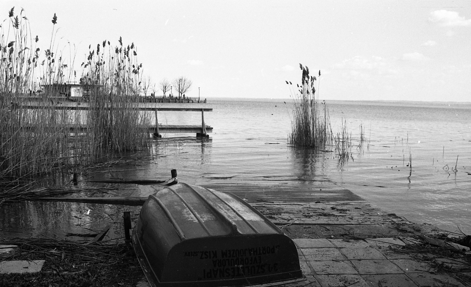 Hungary, Balatonfüred, Balaton-part a Yacht Club felől a kikötő felé nézve.., 1987, Magyar Rendőr, water surface, boat, pier, shore, reed, Fortepan #67179