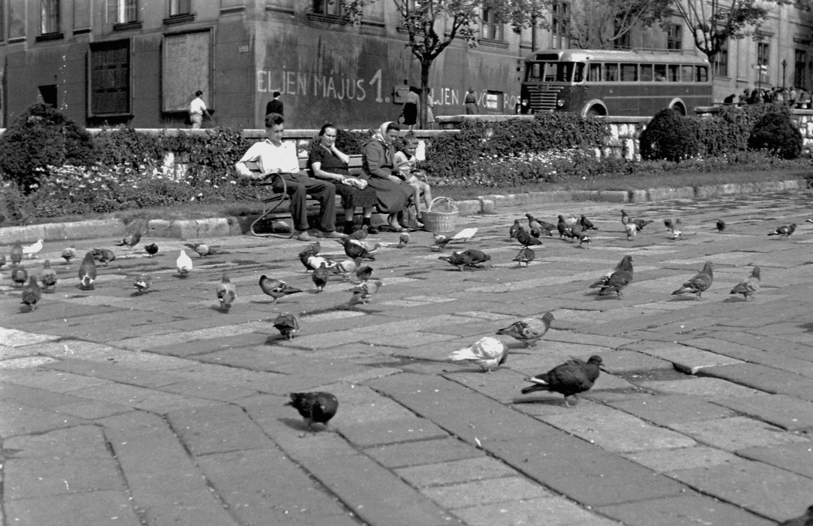 Magyarország, Pécs, Széchenyi tér, a Ciszterci (Széchenyi) köz sarkánál a Ciszterci Rend Nagy Lajos Gimnáziuma és Kollégiuma., 1963, Magyar Rendőr, autóbusz, május 1, kosár, pad, fejkendő, graffiti, galamb, Ikarus 601, Fortepan #67606