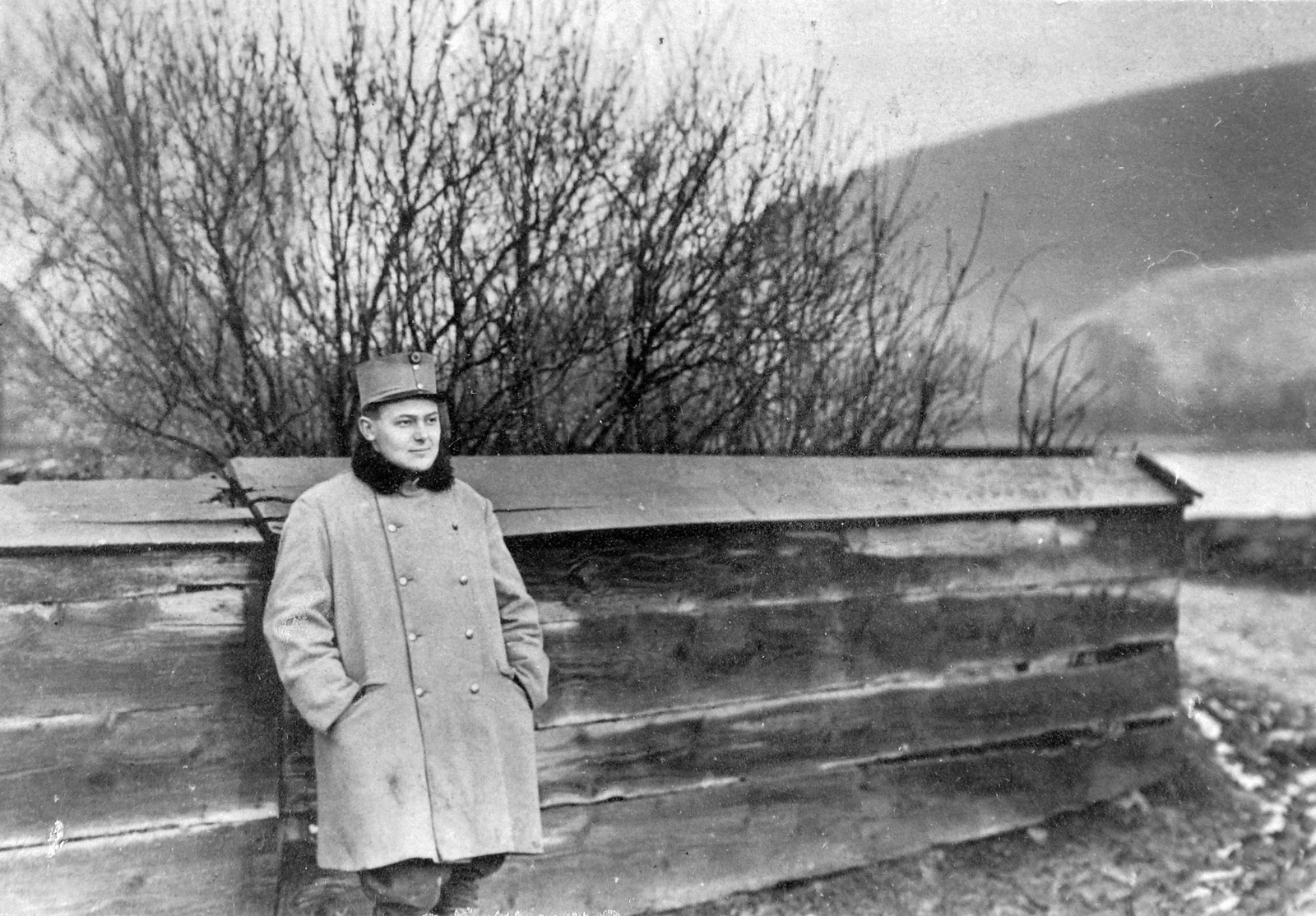 1921, Fortepan, portrait, uniform, man, fence, hillside, hands in pockets, Fortepan #6843