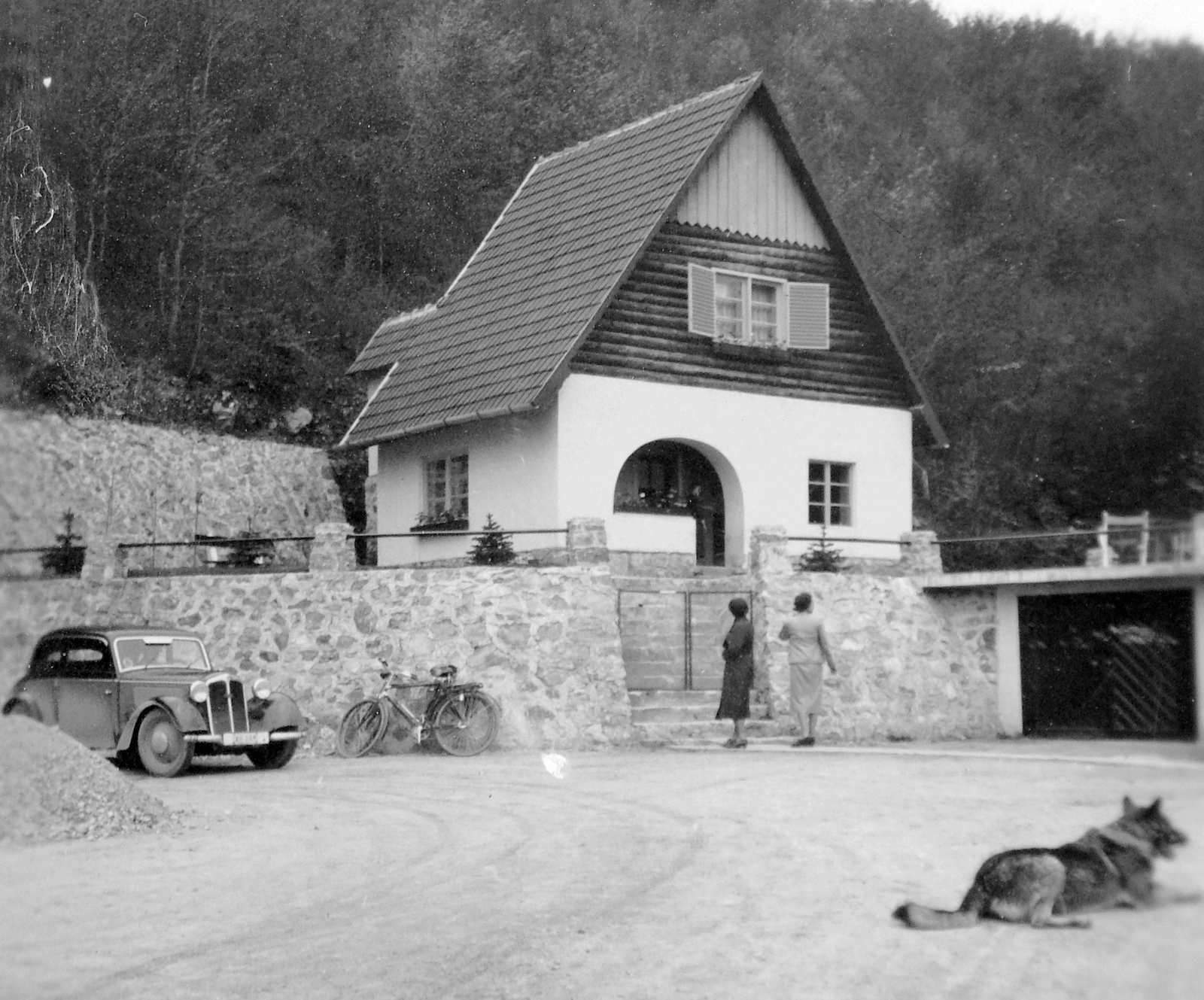 Magyarország, Jósvafő, a Baradla cseppkőbarlang bejárata mellett., 1938, Gyöngyi, kerékpár, kutya, német gyártmány, DKW-márka, automobil, DKW F5/F7/F8, német juhászkutya, Fortepan #6886