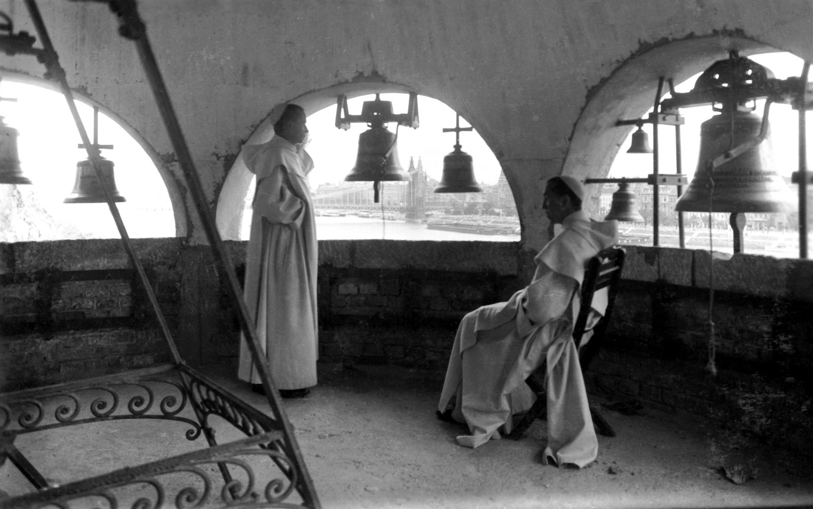 Hungary, Budapest XI., Szent Gellért rakpart 1., a Pálos kolostor harangtornya., 1938, Fortepan, bell, monastery, votary, religious habit, Budapest, bell tower, Fortepan #69955