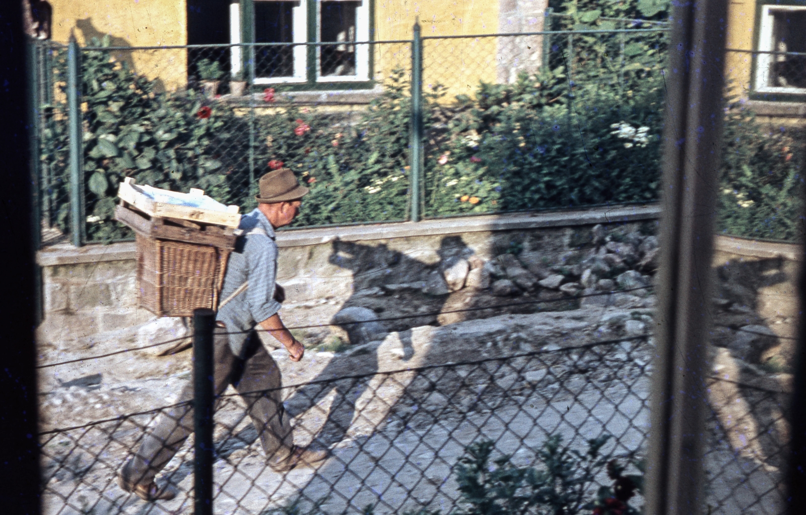 1963, Zsanda Zsolt, Vajszada Károly, colorful, backpacks basket, man, fence, garden, window, Fortepan #70131