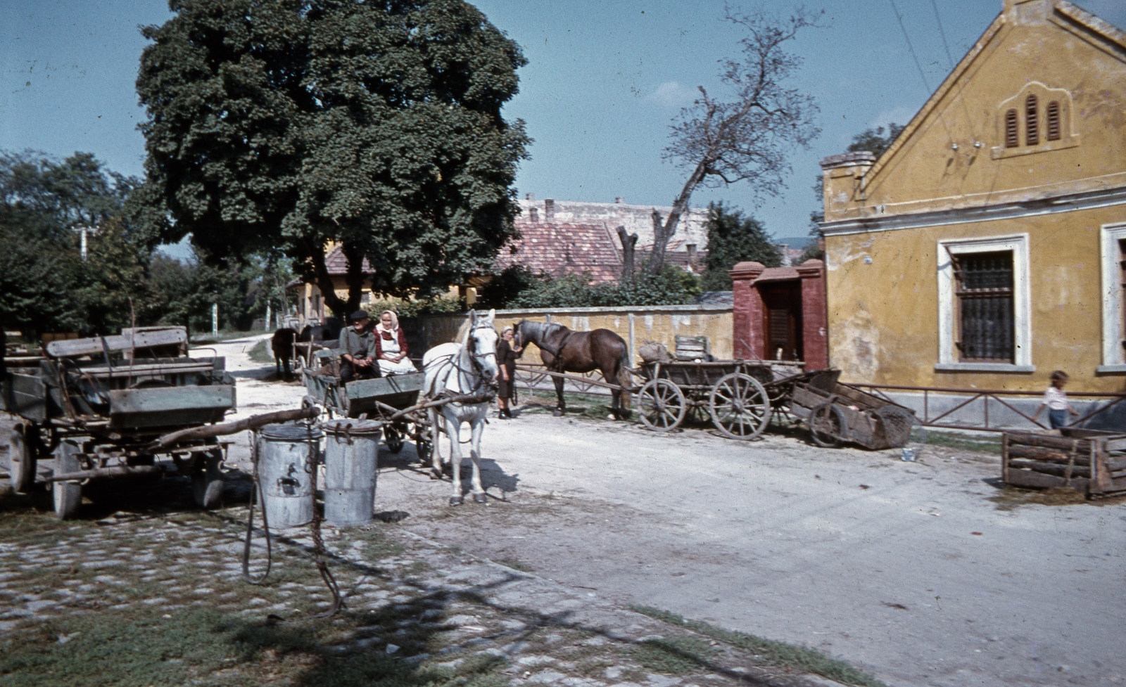 Hungary, Szentendre, Bükkös part., 1969, Zsanda Zsolt, Vajszada Károly, colorful, chariot, Horse-drawn carriage, dustbin, Fortepan #70193