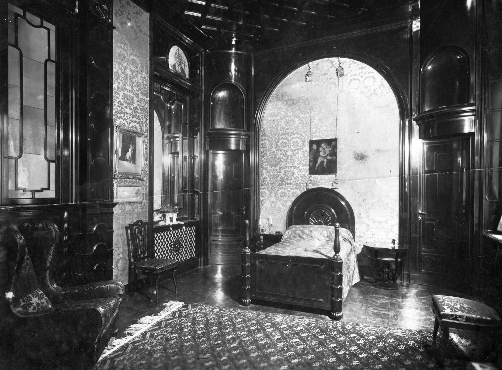 1912, Teodoro Wolf-Ferrari, interior, bed, statue, wood panelling, Fortepan #70469
