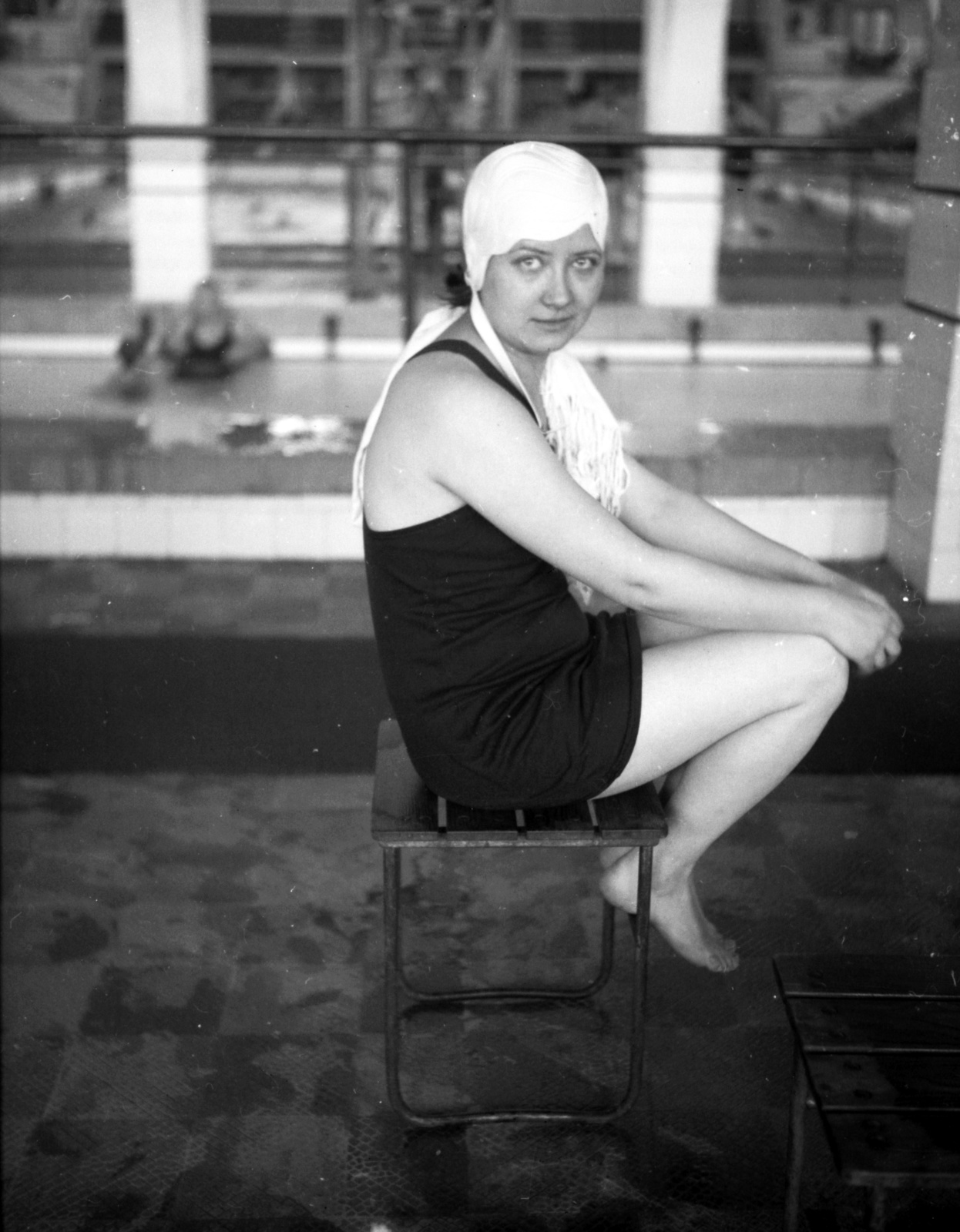 Hungary, Margit Islands, Budapest, Hajós Alfréd Nemzeti Sportuszoda., 1935, Lissák Tivadar, bathing suit, swimming pool, swimming cap, Fortepan #71068