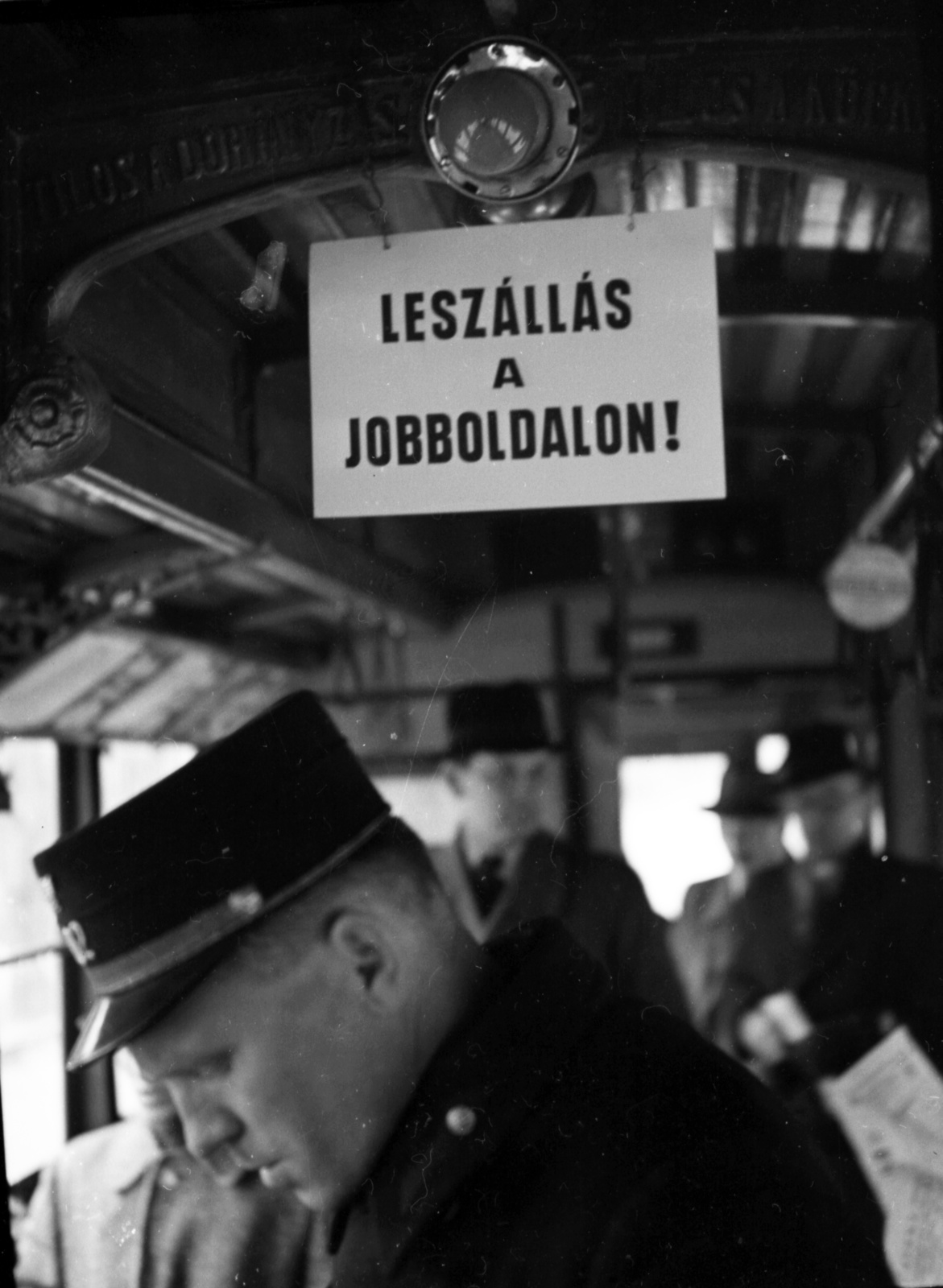 1941, Lissák Tivadar, felirat, villamos, kalauz, jobbra hajts, Best of, Fortepan #71740