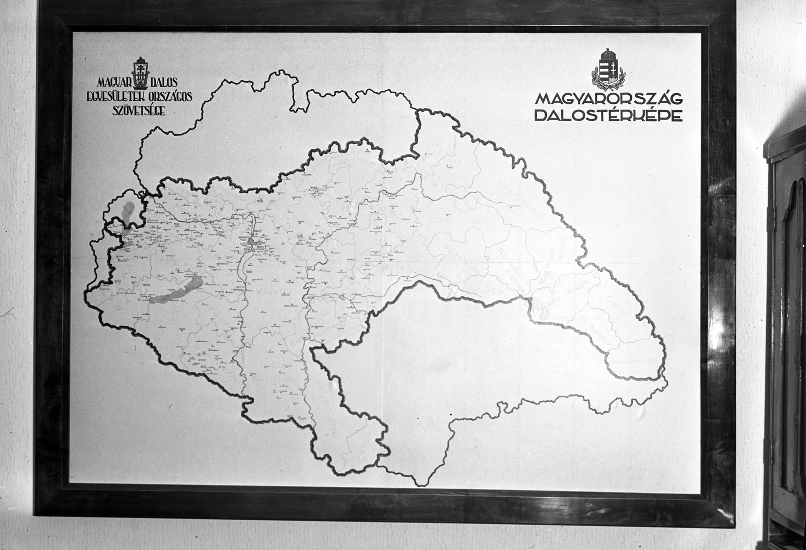 Hungary, Budapest, Magyar Dalos Egyesületek Oszágos Szövetségének dalostérképe., 1942, Lissák Tivadar, territorial gain, map, crest, national emblem, Fortepan #71929