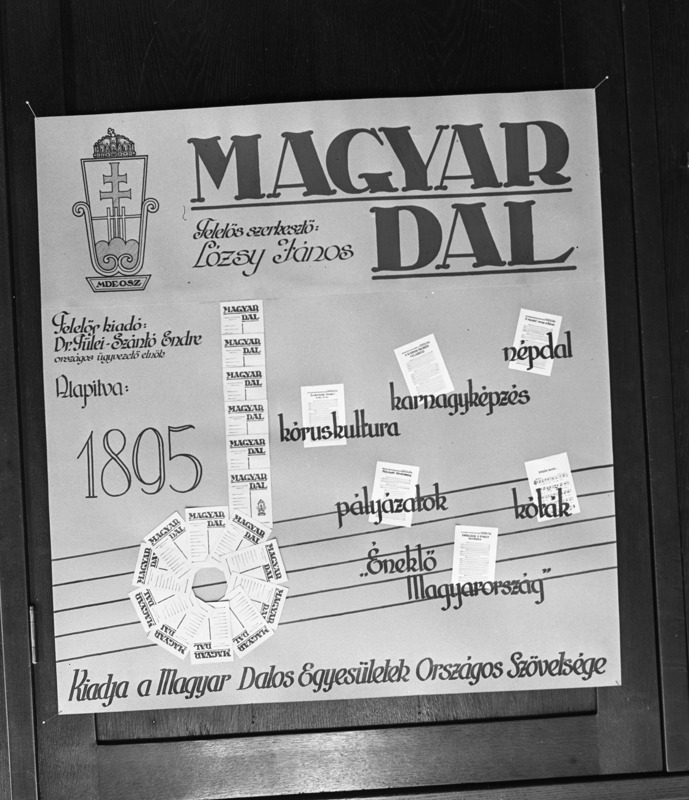 Hungary, Budapest, a Magyar Dal, a Magyar Dalos Egyesületek Oszágos Szövetségének lapját hirdető plakát., 1942, Lissák Tivadar, poster, newspaper, crest, Fortepan #71930