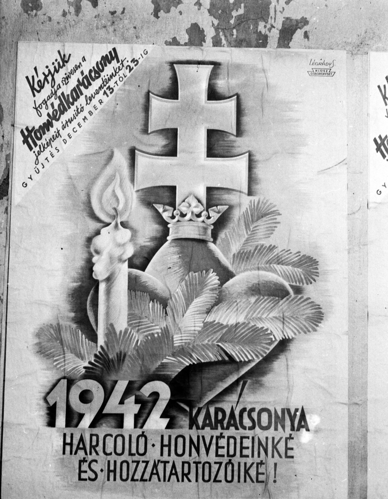Hungary, Budapest, 1942, Lissák Tivadar, poster, candle, double crest, Sándor Légrády-graphics, Fortepan #72011
