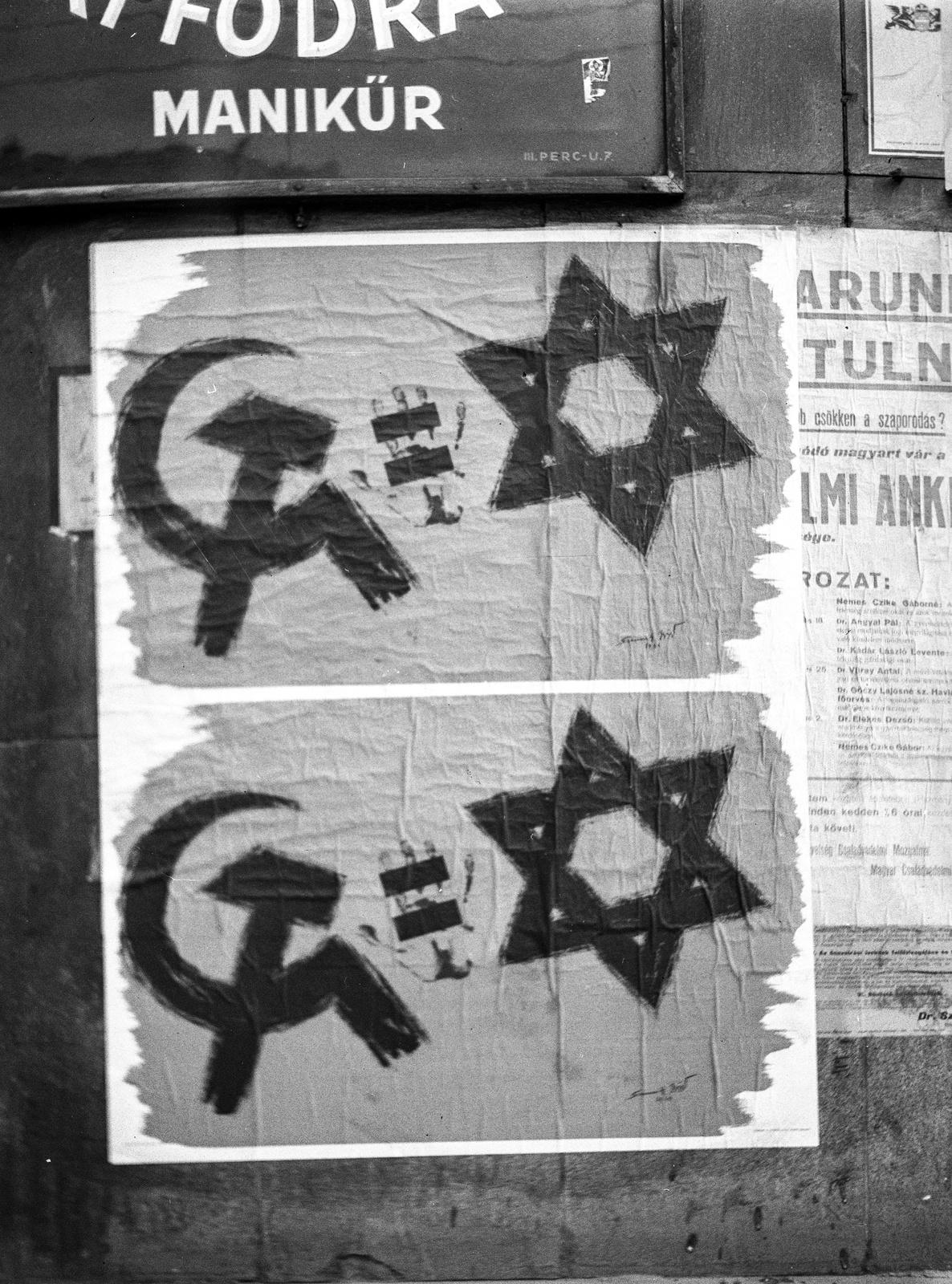 Hungary, Budapest, 1944, Lissák Tivadar, poster, judaism, antisemitism, fascism, yellow star, hammer and sickle, Fortepan #72655