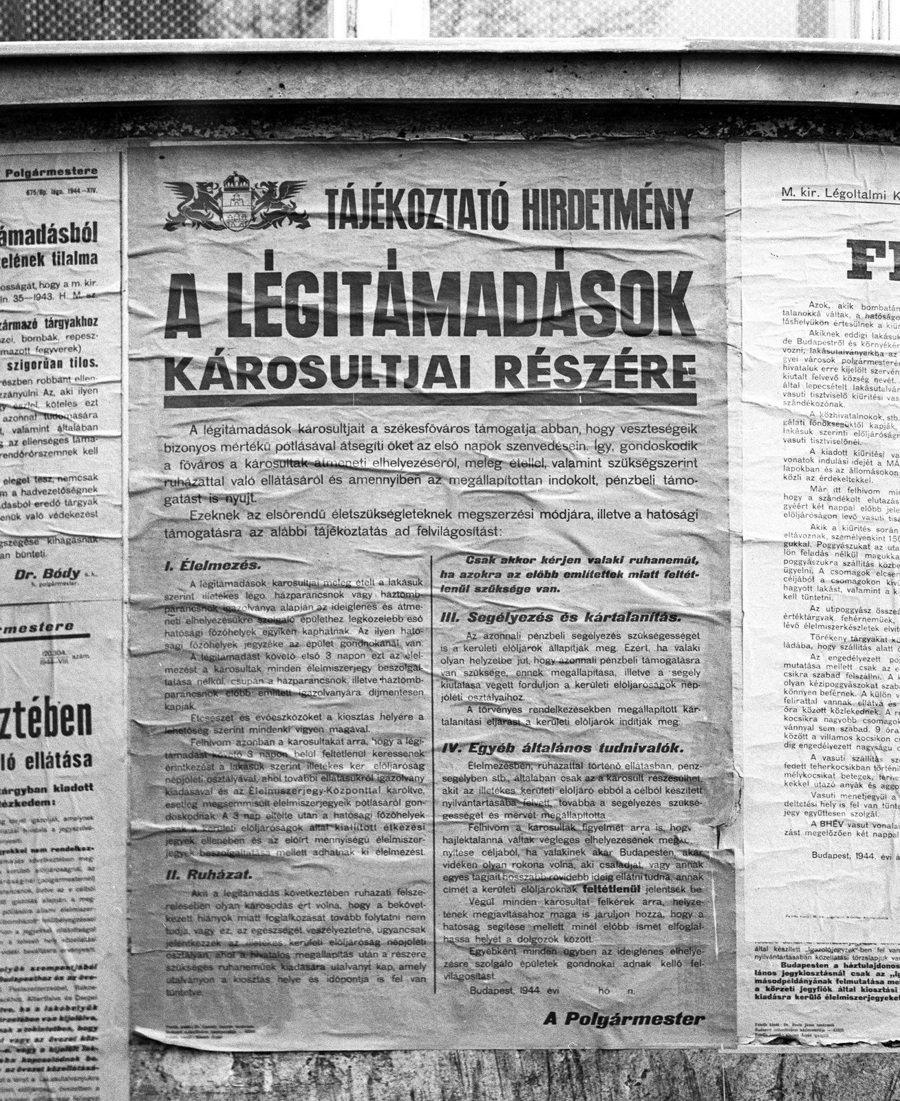 Magyarország, Budapest, 1944, Lissák Tivadar, plakát, bombázás, címer, hirdetmény, Budapest székesfőváros házinyomdája, Fortepan #72674