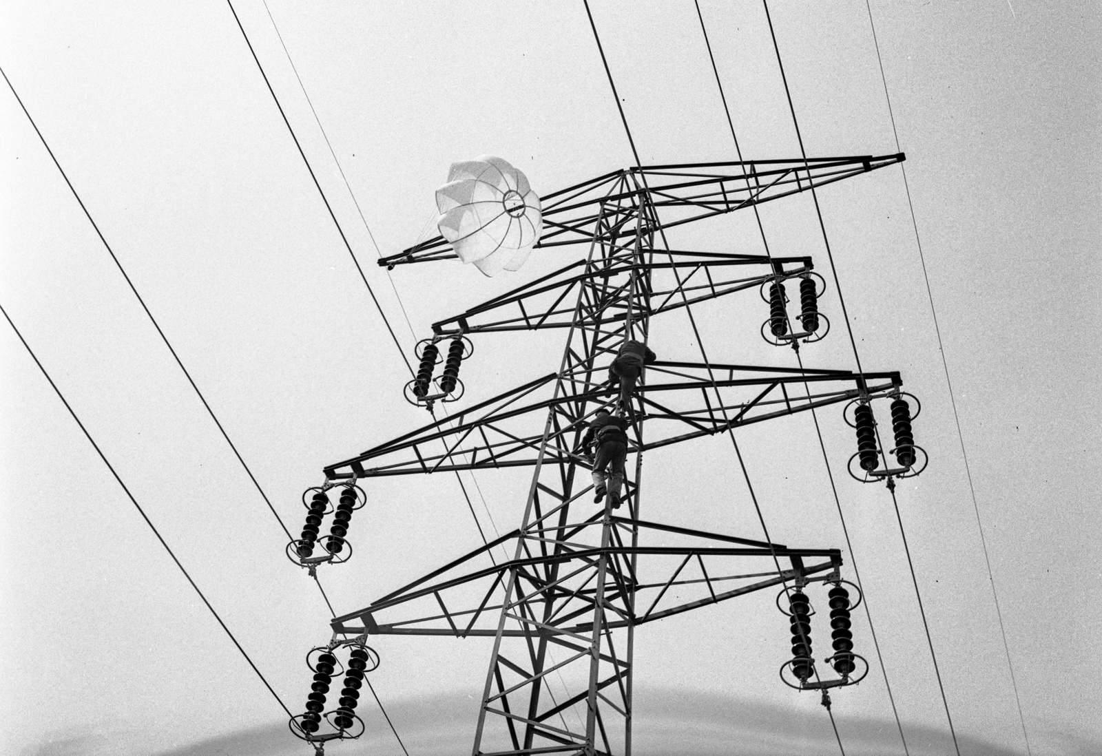 Magyarország, távvezetéken felakadt Sztálin-gyertya (szovjet világítóbomba) ejtőernyője., 1944, Lissák Tivadar, távvezeték, ejtőernyő, alulnézet, Fortepan #72684