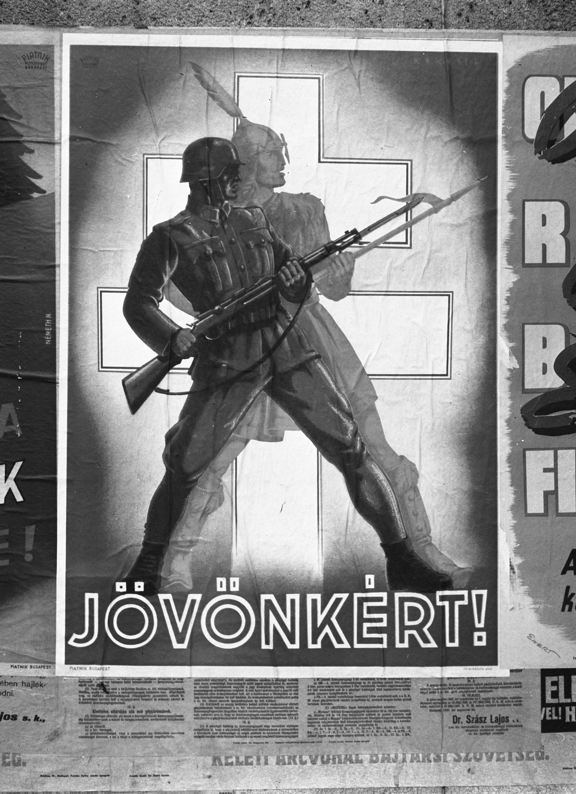 Hungary, Budapest, 1944, Lissák Tivadar, poster, double crest, fascism, Fortepan #72905