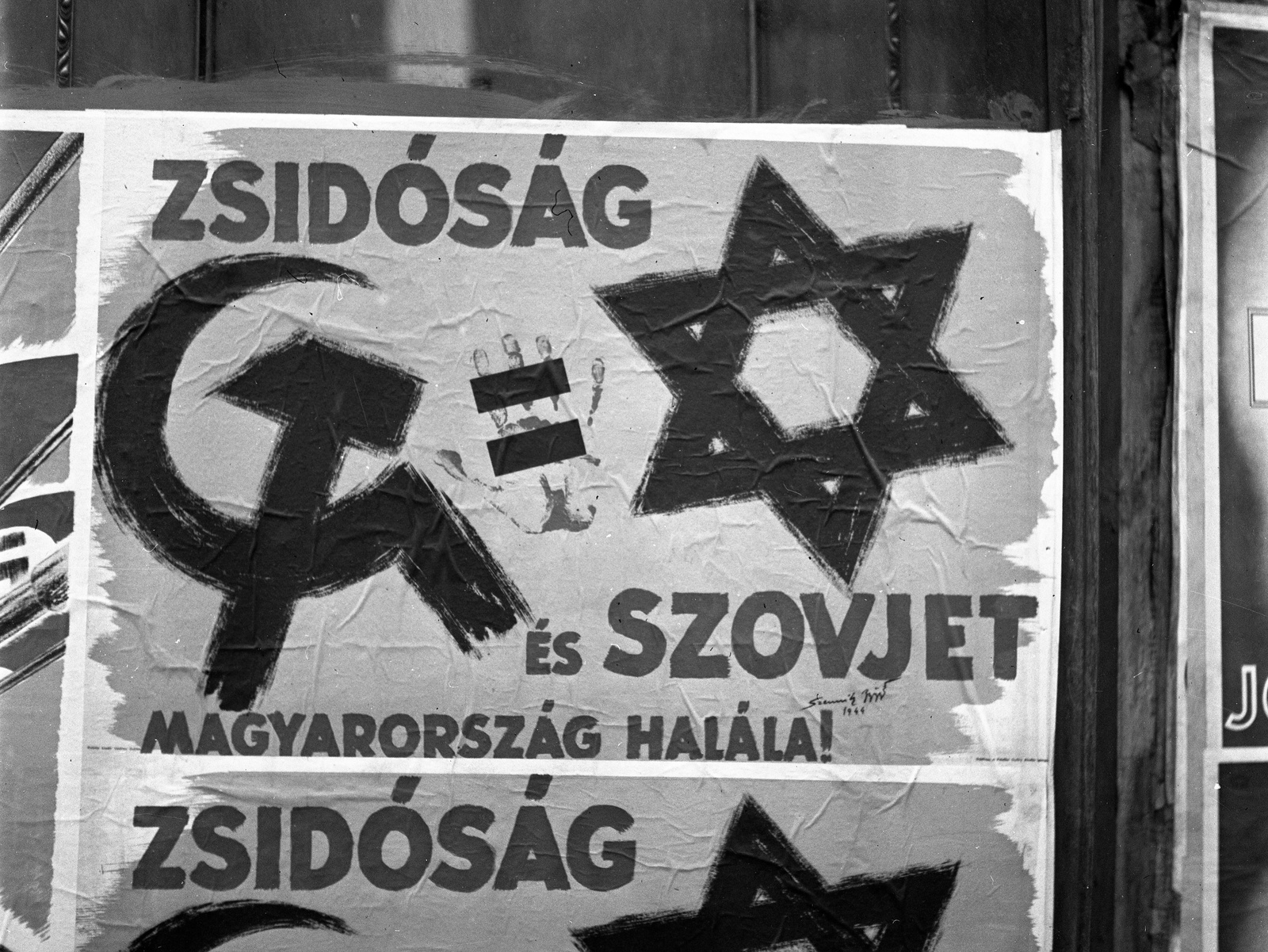 Hungary, Budapest, 1944, Lissák Tivadar, poster, judaism, antisemitism, György Szennik-grafika, fascism, hammer and sickle, yellow star, Fortepan #72910