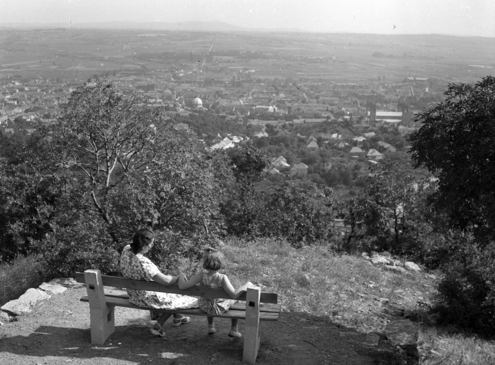 Magyarország, Pécs, Mecsekoldal, kilátás a belváros felé., 1946, Lissák Tivadar, látkép, pad, Fortepan #73035