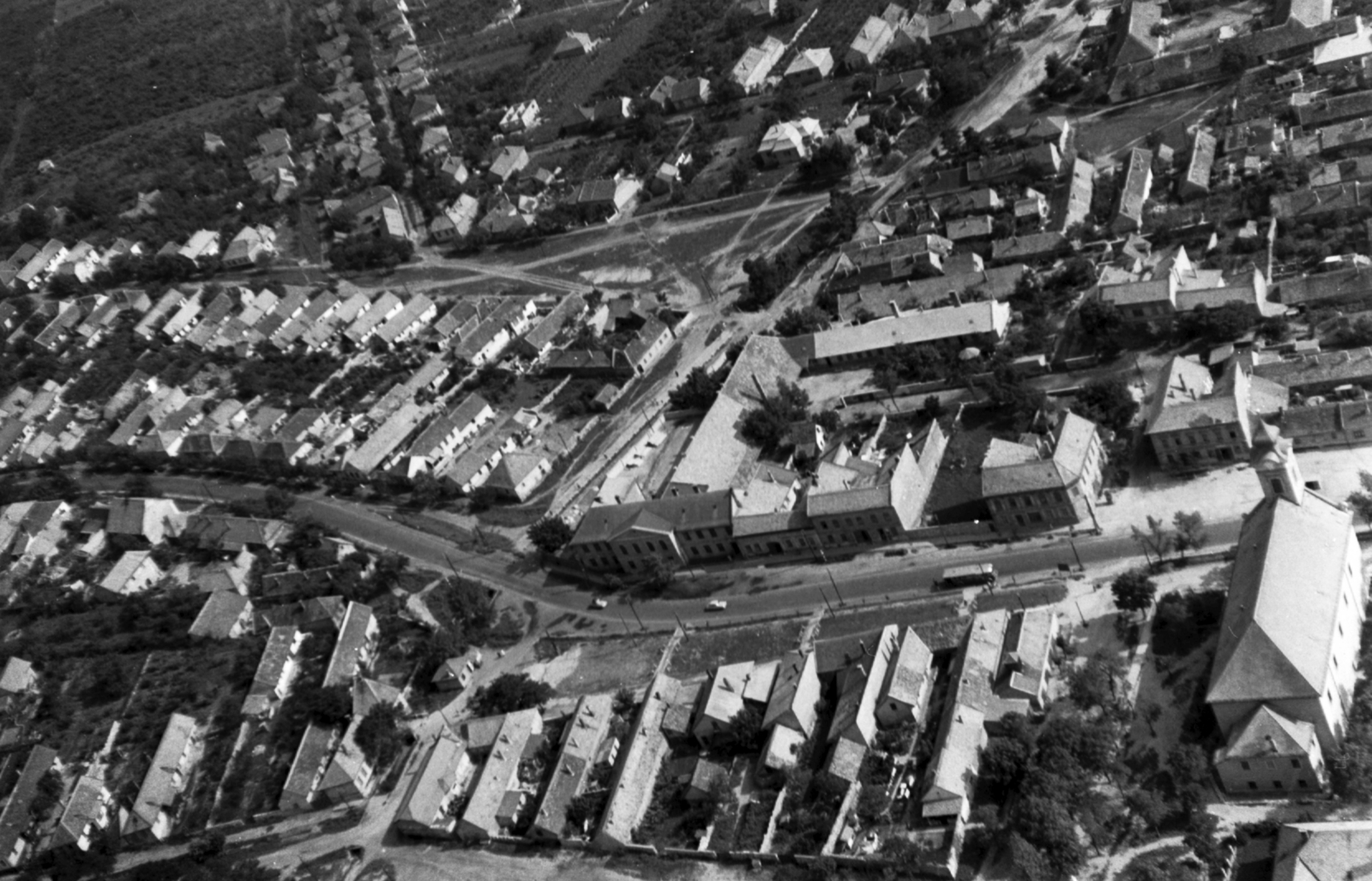 Hungary, Budaörs, légifotó., 1963, MHSZ, church, aerial photo, cityscape, Fortepan #73730