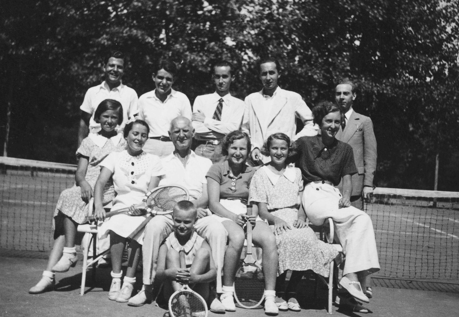 1935, Romák Éva, tableau, tennis, tennis court, tennis rackets, Fortepan #73869