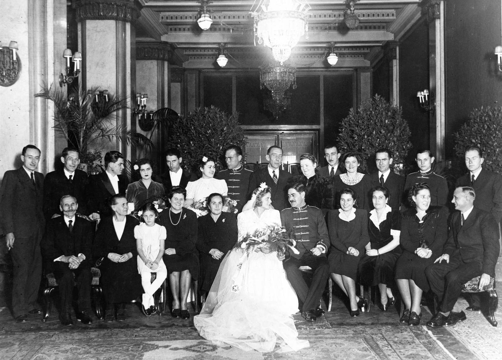 1940, Mátyásfalvi János, wedding ceremony, uniform, tableau, flower, interior, bride, chandelier, Fortepan #74024