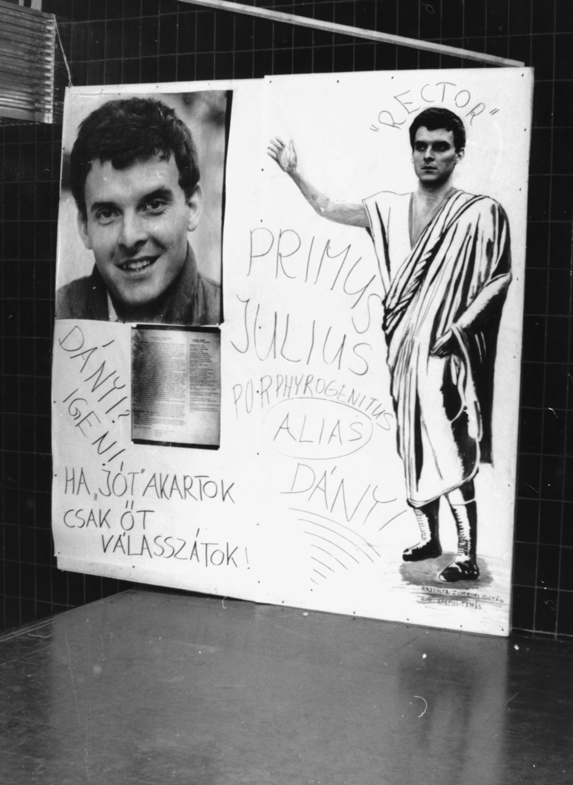 Hungary, Budapest VIII., Nagyvárad tér, SOTE (később Semmelweis Egyetem) Elméleti Tömbje, előadótermek előtere. Diákrektor választás plakátja., 1986, Semmelweis Egyetem Levéltára, Budapest, Fortepan #74174