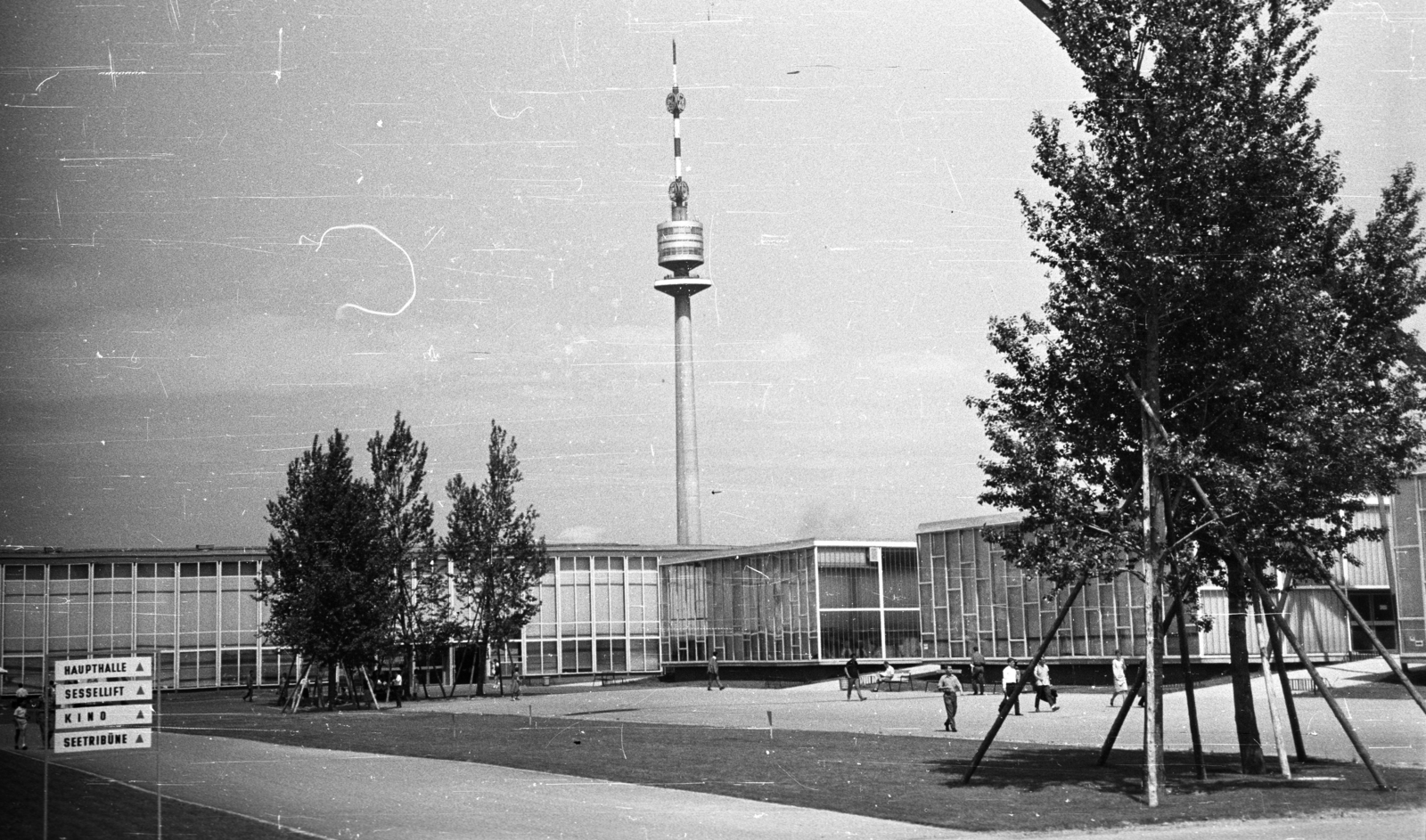 Austria, Vienna, Donaupark, a Nemzetközi Kertészeti Kiállítás (Wiener Internationale Gartenschau 1964 / WIG 64) épületei, háttérben a Donauturm., 1964, Romák Éva, Fortepan #74374