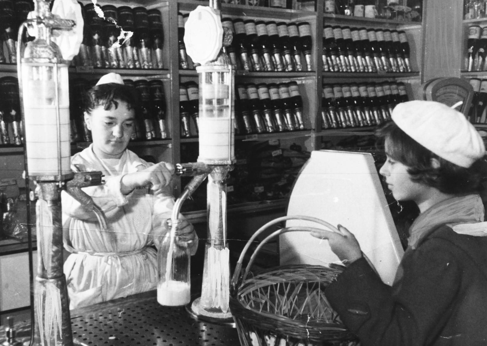 1960, Semmelweis Egyetem Levéltára, milk bottle, basket, cap, shop interior, Fortepan #74692