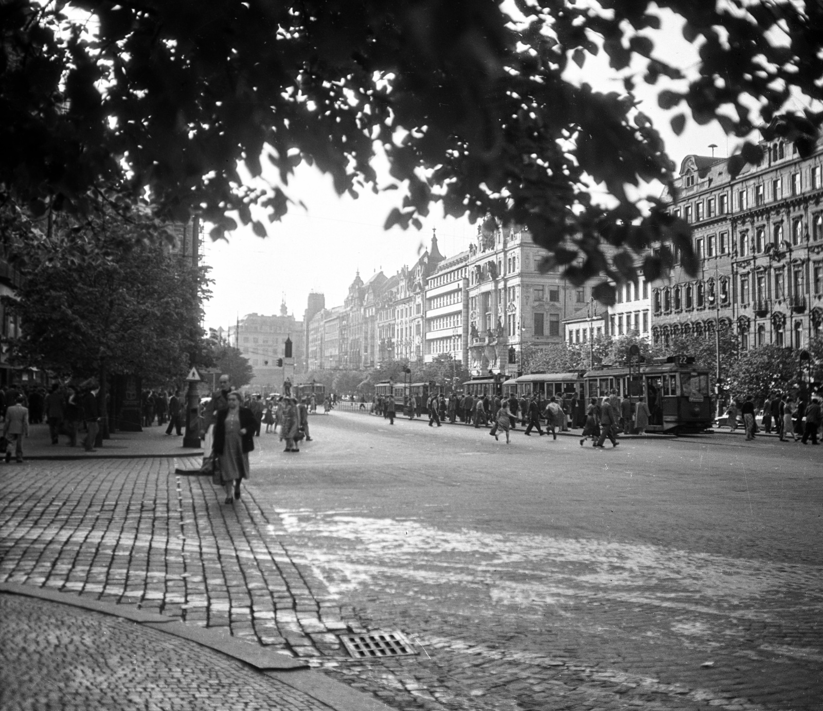Czech Republik, Prague, Vencel tér., 1960, Romák Éva, Czechoslovakia, traffic, street view, genre painting, tram, Ringhoffer-brand, public transport line number, Fortepan #75053
