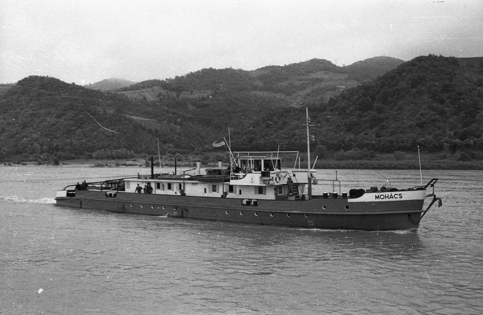 1960, Drobni Nándor, Droppa Kálmán, ship, river, water surface, shore, Elevátor I./Mohács/Gödöllő ship, Fortepan #75095