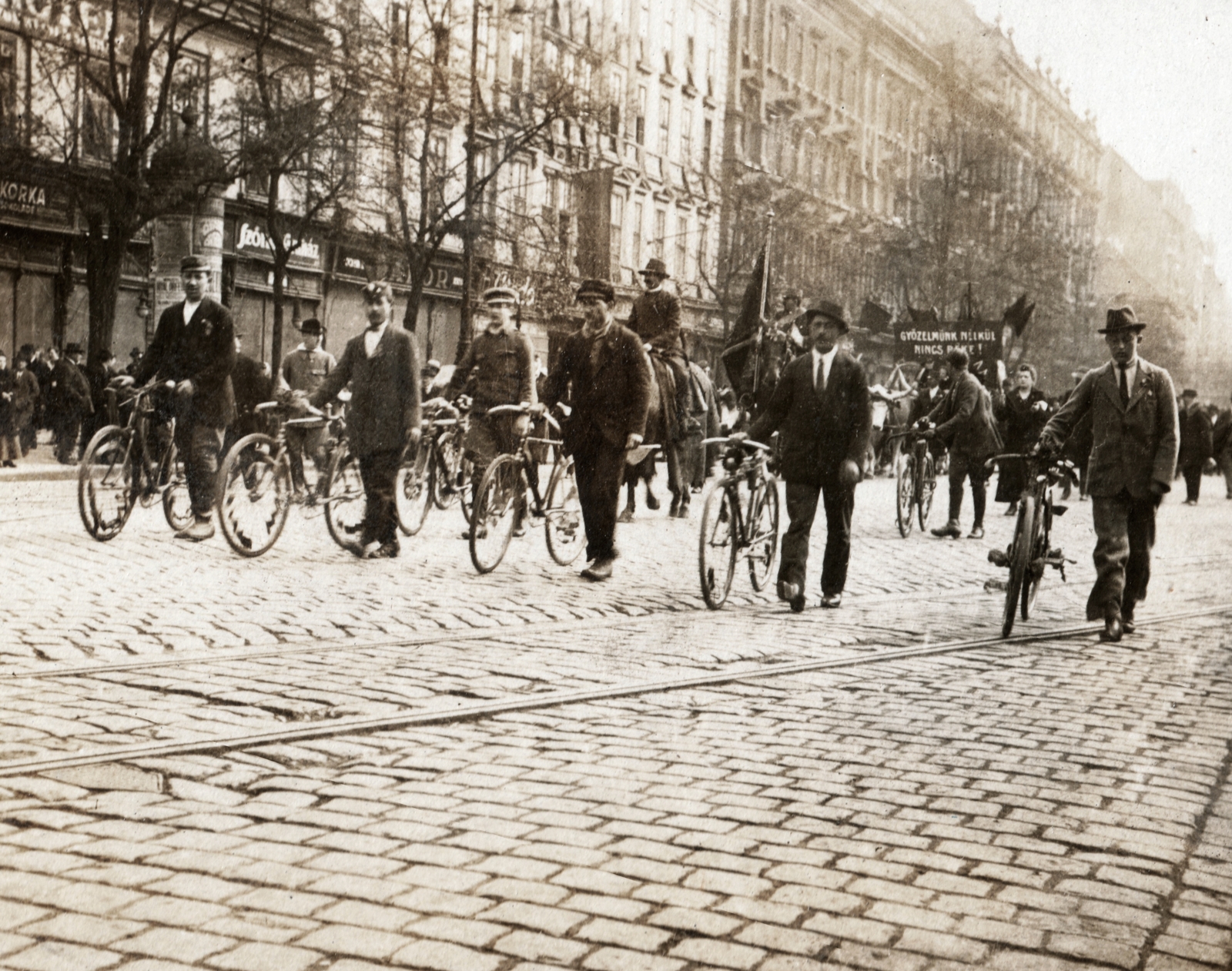 Hungary, Budapest VII., Rákóczi út, 1919. május 1-i felvonulás. Balra a 4. számú épület, Szálloda és Hotel a Fehér Hattyúhoz., 1919, Péchy László, bicycle, flag, march, Hungarian Soviet Republic, Budapest, rails, Fortepan #75872