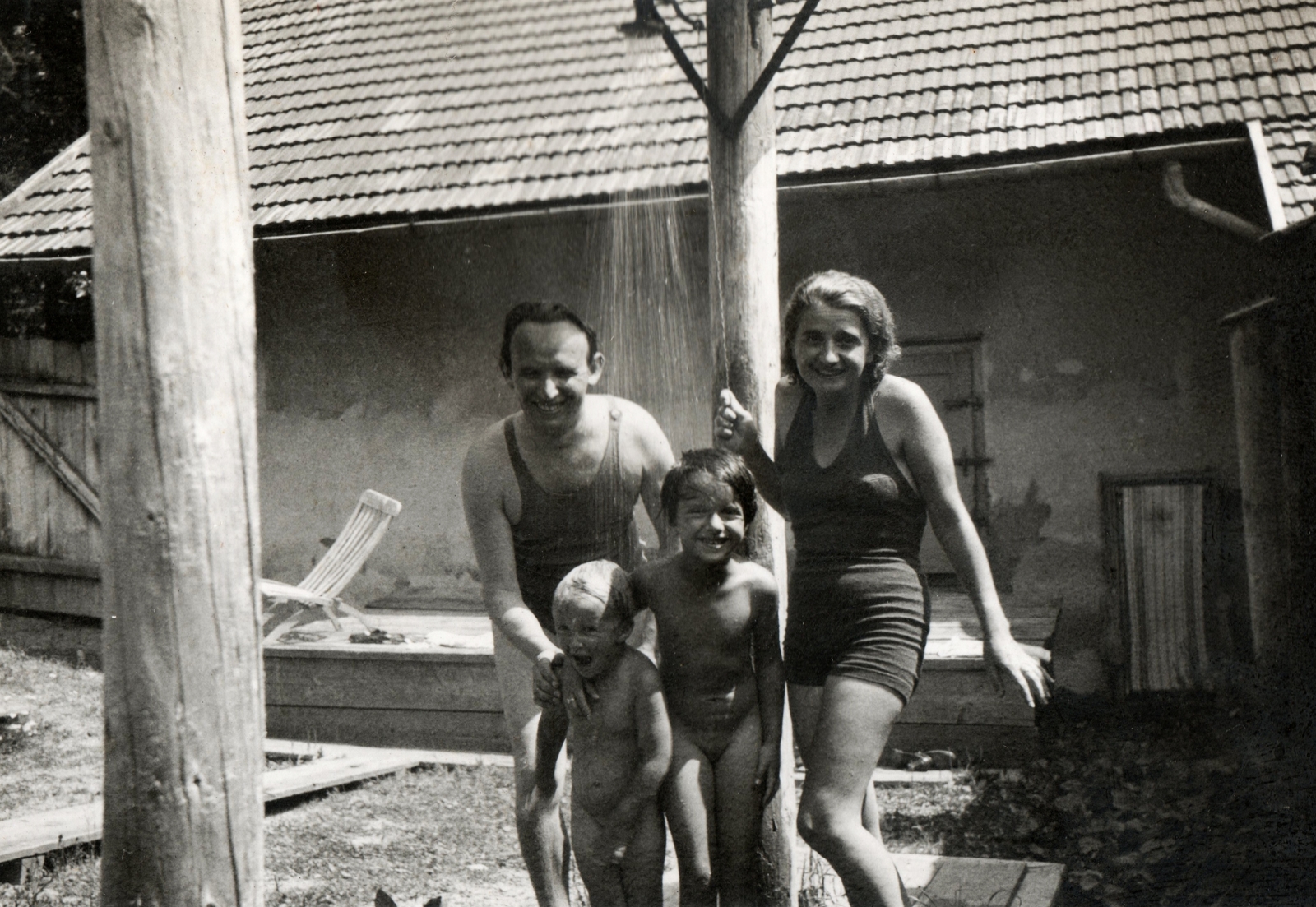 1938, PRL, bathing suit, yard, tableau, summer, nude photo, kids, man, woman, deck chair, shower, Fortepan #76191