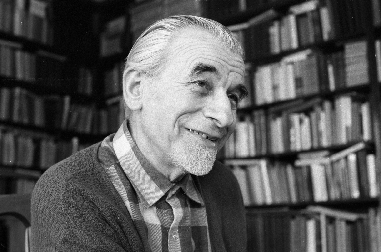 Magyarország, Lőcsei Pál újságíró., 1990, Erdei Katalin, portré, híres ember, könyv, mosoly, könyvespolc, Fortepan #76275