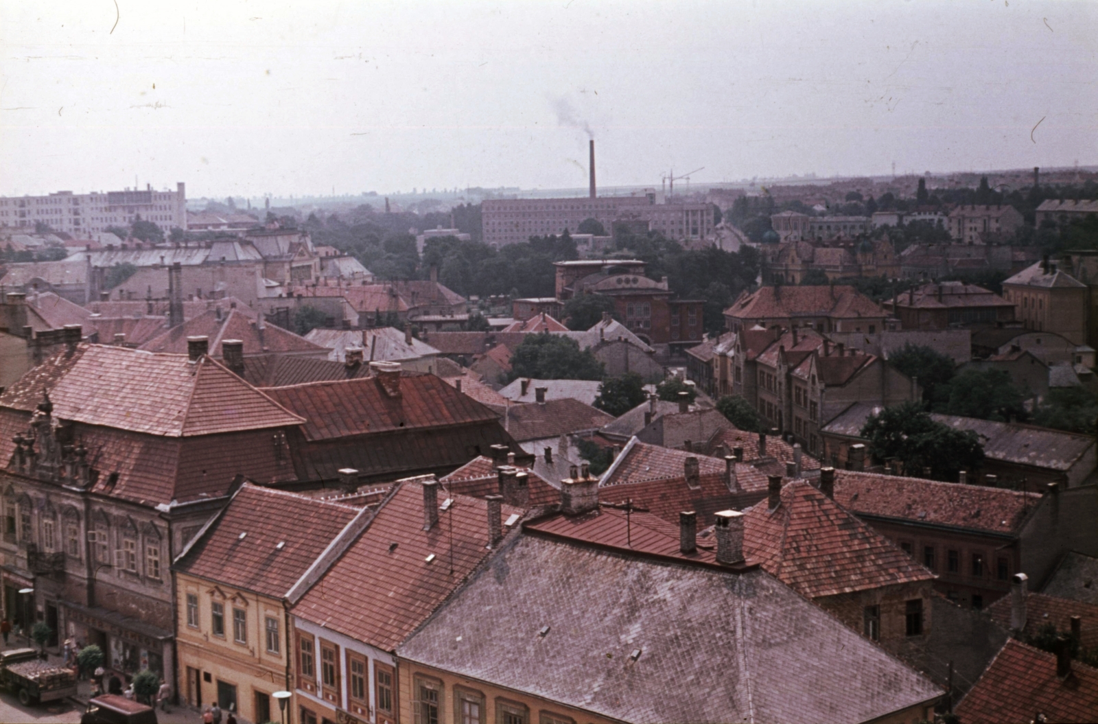 Hungary, Veszprém, kilátás a Tűztoronyból az egyetemi városrész felé., 1966, Herth Viktória dr, Bodó Emma, colorful, cityscape, chimney, view, Fortepan #76480