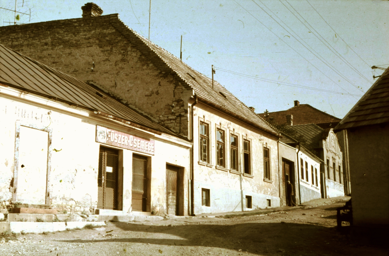 Magyarország, Veszprém, Cserhát utca házsora a Galamb (Táborállás) utca felől nézve., 1966, Herth Viktória dr, Bodó Emma, színes, élelmiszerbolt, utcakép, antenna, Fortepan #76497
