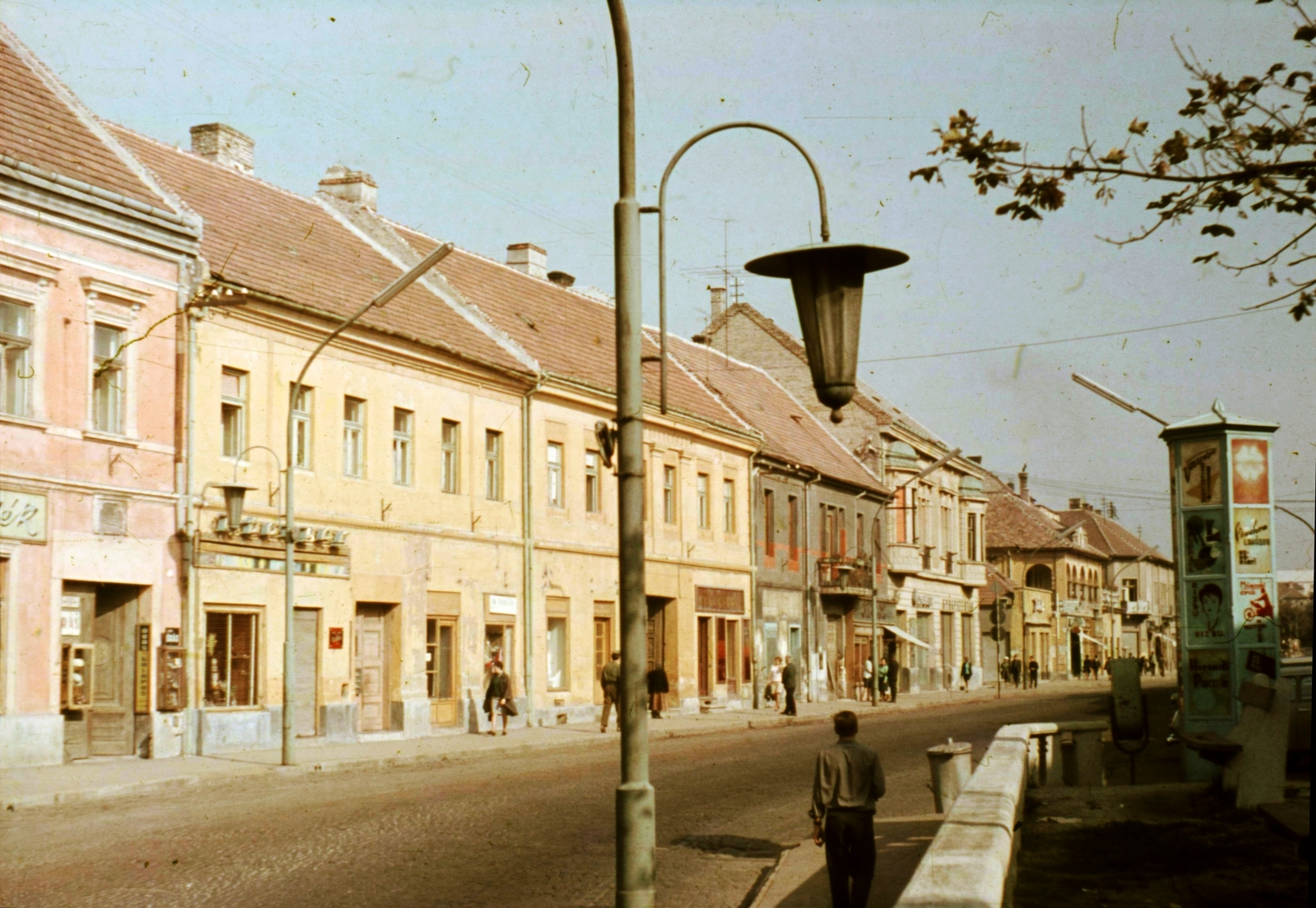 Hungary, Veszprém, Kossuth Lajos utca az evangélikus templom elöl nézve., 1966, Herth Viktória dr, Bodó Emma, colorful, street view, ad pillar, dustbin, trash can, Fortepan #76524