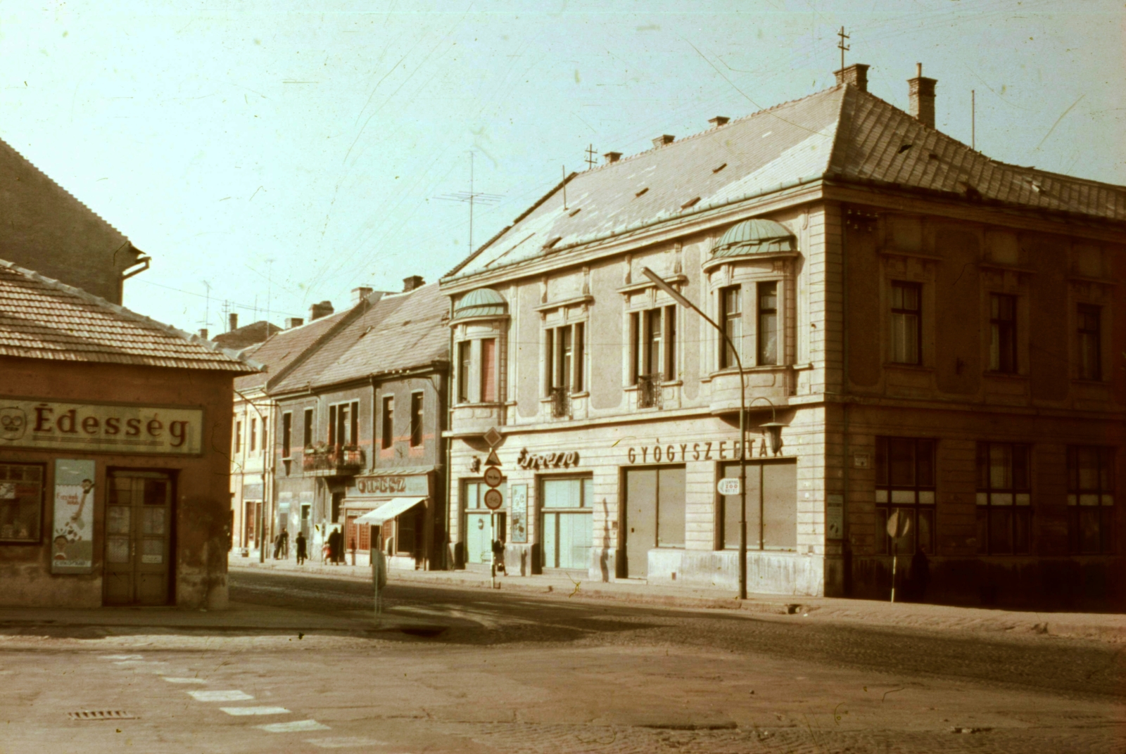 Hungary, Veszprém, Kossuth Lajos utca., 1968, Herth Viktória dr, Bodó Emma, colorful, street view, espresso, pharmacy, shoemaker, candy store, Fortepan #76533