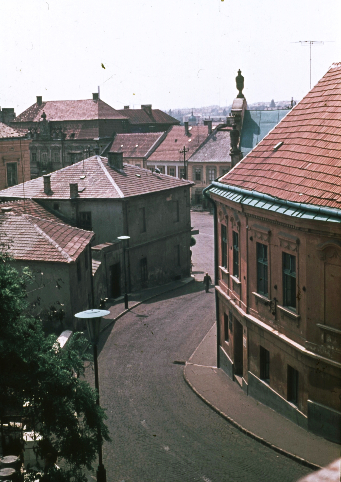 Hungary, Veszprém, kilátás a Hősök Kapujától a Vár (Tolbuhin) utca felé., 1968, Herth Viktória dr, Bodó Emma, colorful, street view, aerial, lamp post, neon lights, Fortepan #76565