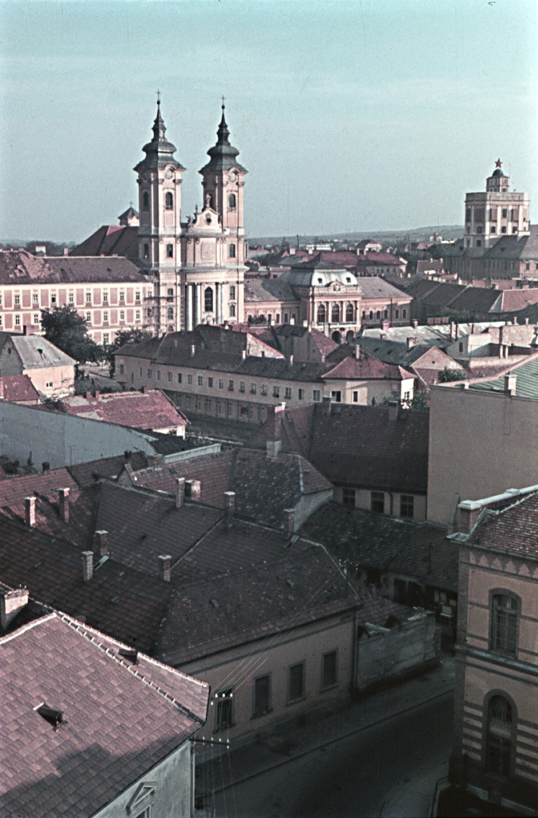 Hungary, Eger, látkép a várból, balra a Minorita templom, jobbra a Liceum., 1966, Erky-Nagy Tibor, church, colorful, Baroque-style, Catholic Church, Franciscans, rococo architecture, Fortepan #76648