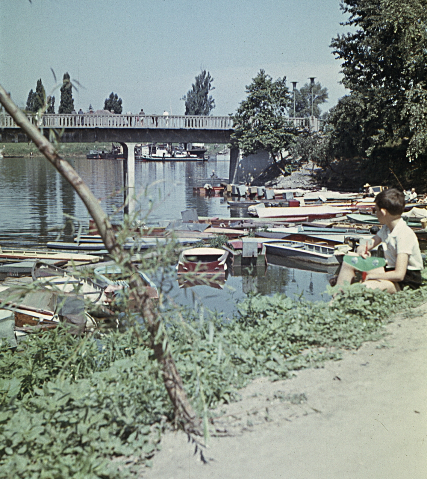 Magyarország, Baja, Sugovica (Kamarás-Duna), a Huzovics-féle kikötő, szemben a később, 1982-ben felrobbantott szigeti híd., 1968, Erky-Nagy Tibor, színes, híd, Fortepan #76731