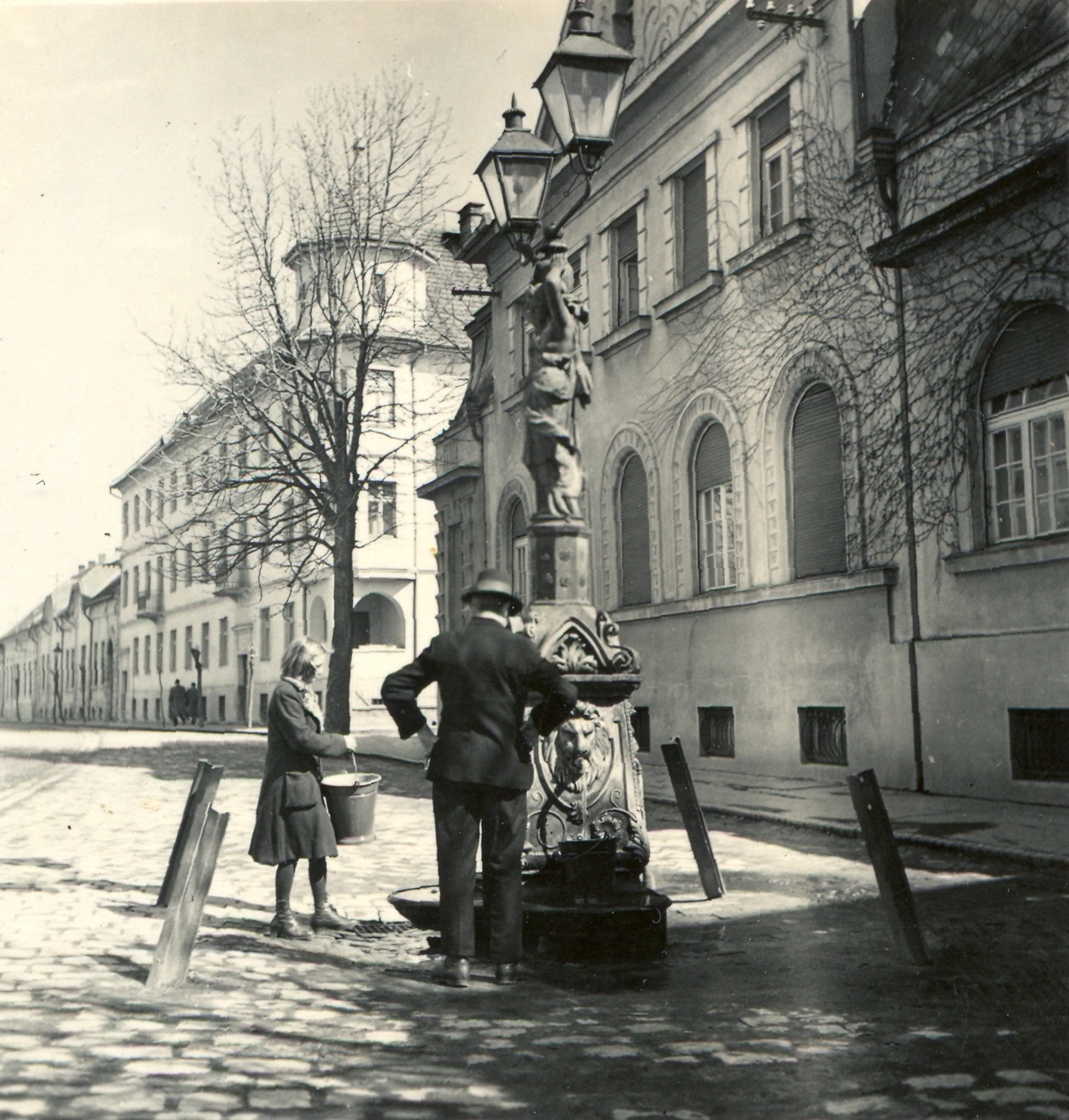 Szlovákia, Érsekújvár, Milan Rastislav Štefánik (ekkor Széchenyi) utca, artézi kút az 58. számú épület előtt., 1941, Klenner Aladár, kút, vödör, Fortepan #76909