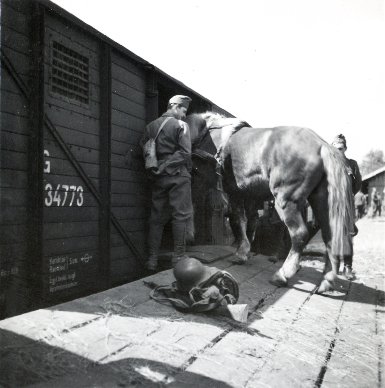 Serbia, lovak bevagonírozása a magyar csapatok bevonulása idején., 1941, Klenner Aladár, railway, horse, helmet, soldier, Fortepan #77012