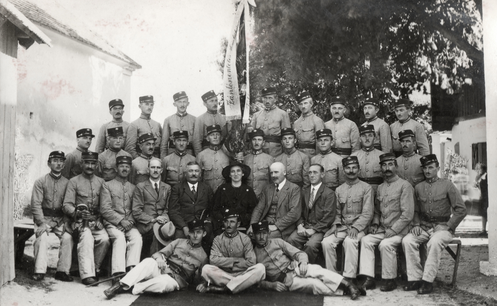 1921, Fortepan, uniform, flag, tableau, men, woman, arms crossed over the chest, Fortepan #77025