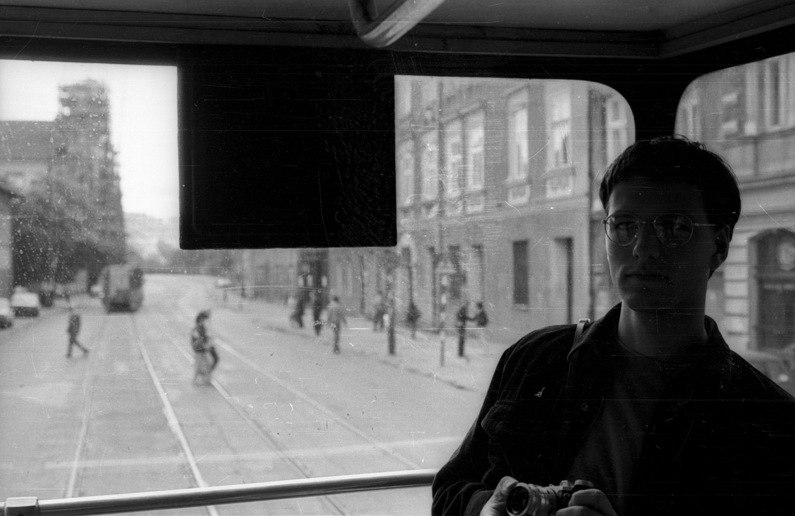 Poland, Kraków, villamos az ulica Krakowskan., 1989, tm, glasses, tram, camera, Fortepan #77306