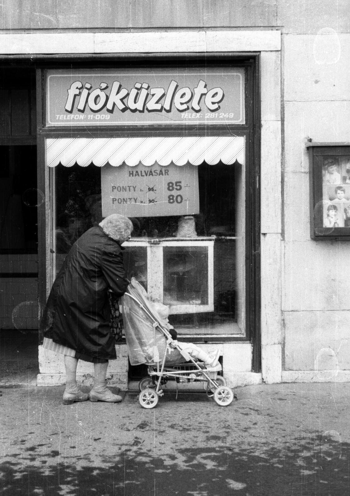 Magyarország, Baja, Szentháromság (Béke) tér, a halászati szövetkezet halboltja a MABI-palota földszintjén., 1988, tm, babakocsi, Fortepan #77528