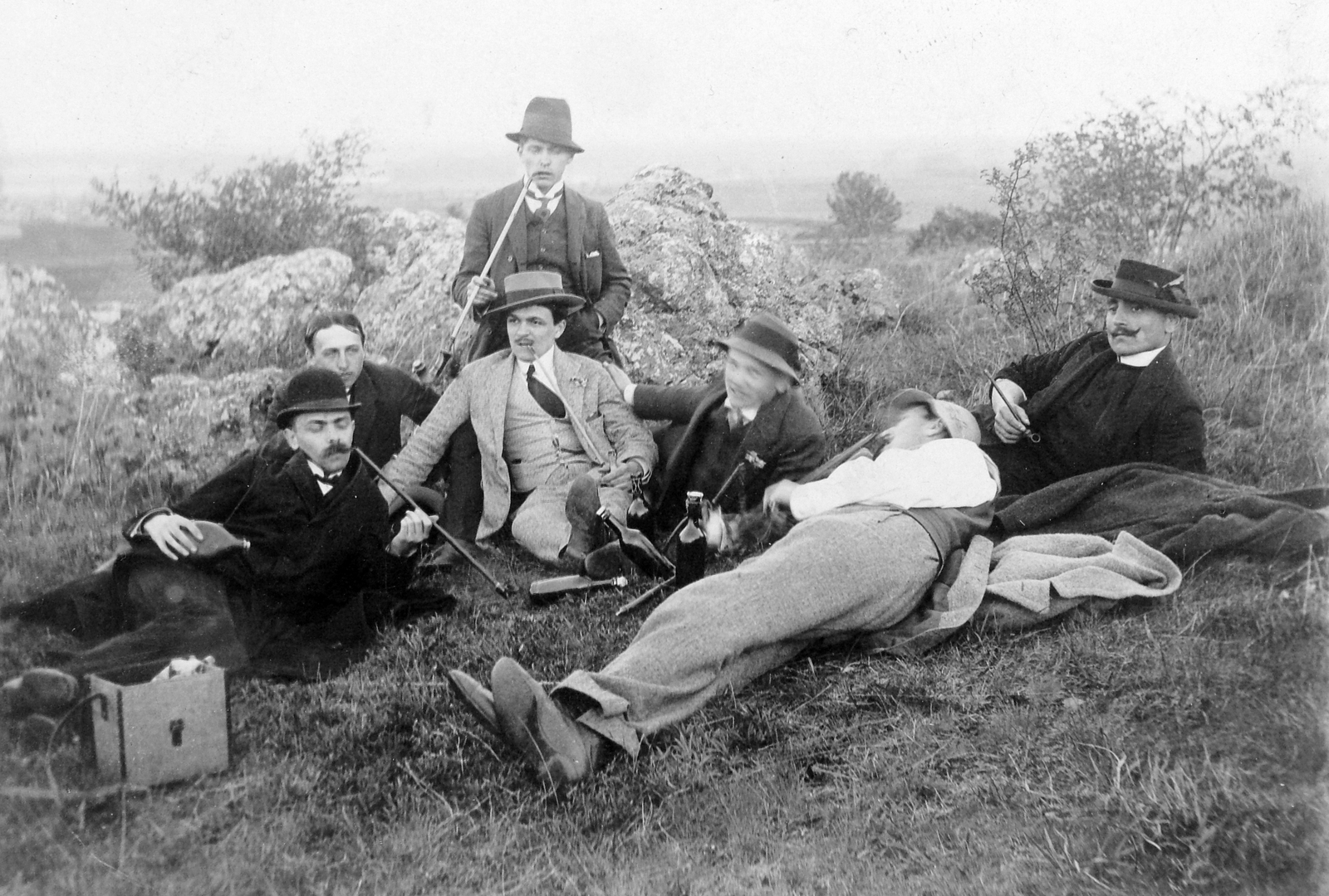 1923, Fortepan, free time, hat, excursion, smoking, tableau, men, pipe, drinking, Fortepan #7753