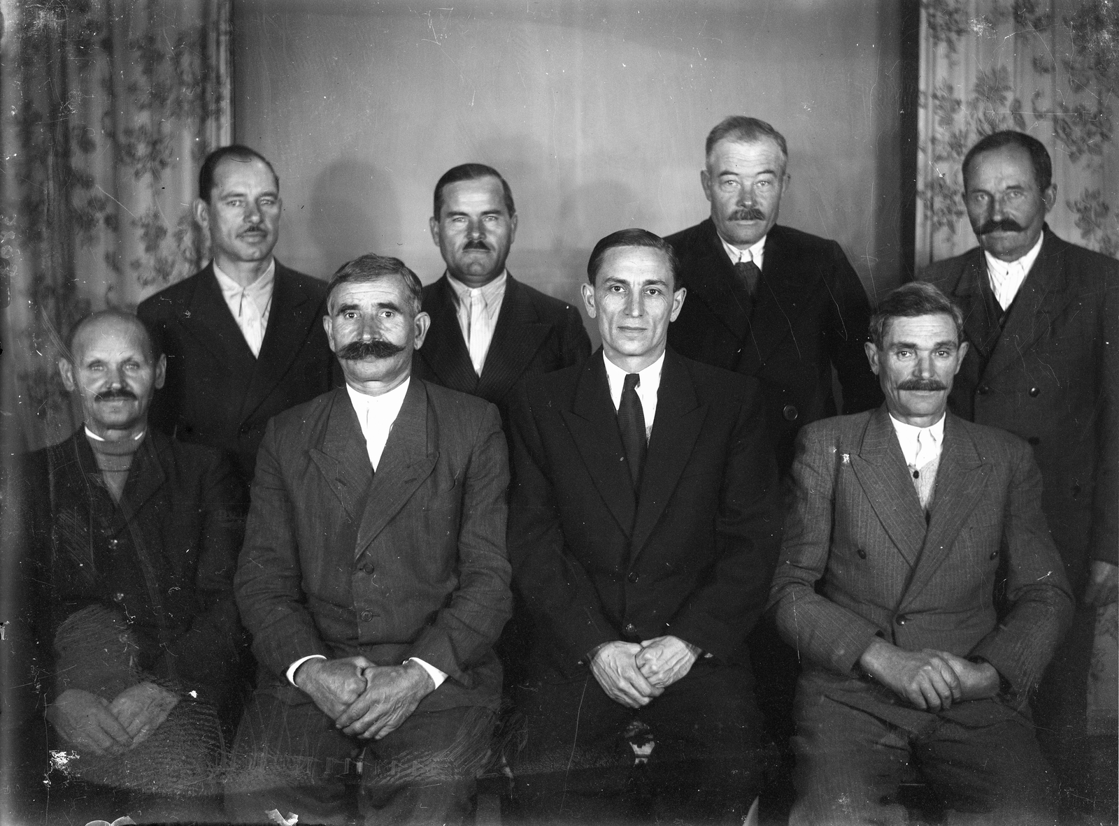 1948, Magyari László/Jánoshalmi Fotótár, bajusz, dupla soros kabát, csoportkép, Fortepan #77601