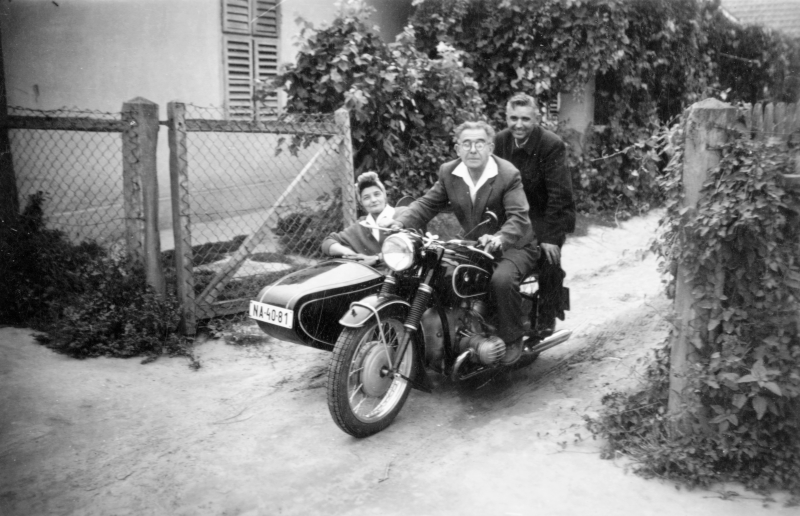 1965, Lukács Zsolt, motorcycle, tableau, men, BMW-brand, motorcycle with sidecar, woman, bower, number plate, Fortepan #77693