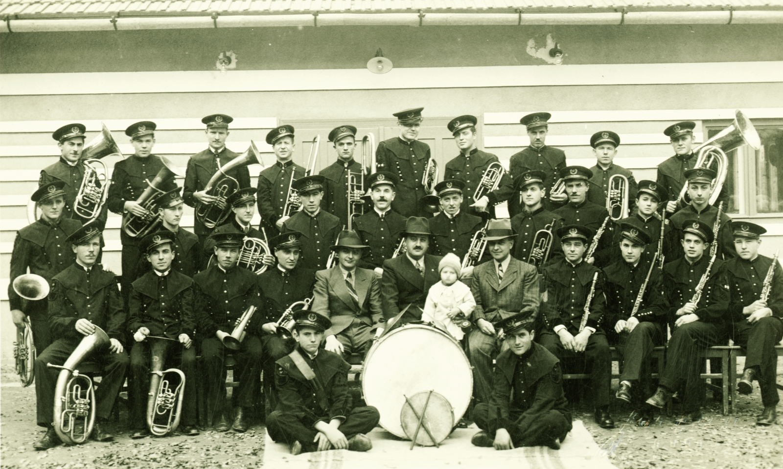 1936, Kiss Katalin, uniform, musical instrument, trumpet, tableau, band, wind band, drum, horn, clarinet, trumpet, Fortepan #77957