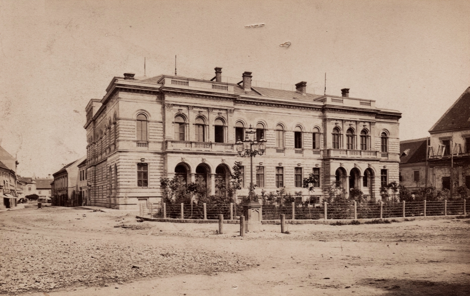 Hungary, Szombathely, Berzsenyi Dániel (Széchenyi) tér, a Vas Megyei Nemzeti Színház az 1880-as nyitást követően., 1900, Nagy Beatrix Julianna, street view, theater, lamp post, public building, Fortepan #78034